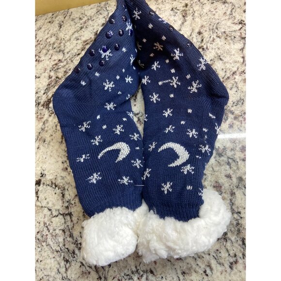 Thermo Sherpa Lined Slipper Sock Size 38-42 Navy Snowflake Non-Slip Fleece Cozy - Picture 3 of 5